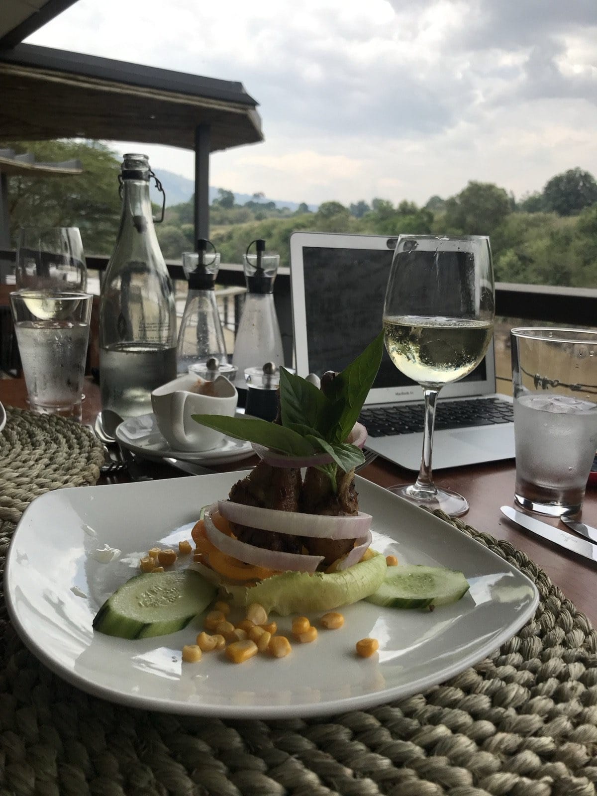 Plated lunch and a glass of white wine on a Kenya safari lodge deck overlooking the bush
